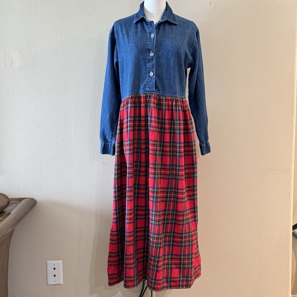 Vintage Americana Chambray Tartan Plaid Maxi Shirt‎ Dress Western Ranch Medium